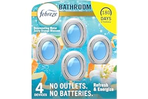 Febreze Bathroom Air Freshener, Odor-Fighting, Plug In Alternative, Air Fresheners for Home, Bathroom, & Kitchen, Closet Air Fresheners, Pet & Litter Box Odor Fighter, Refresh & Energize Scent, 4ct