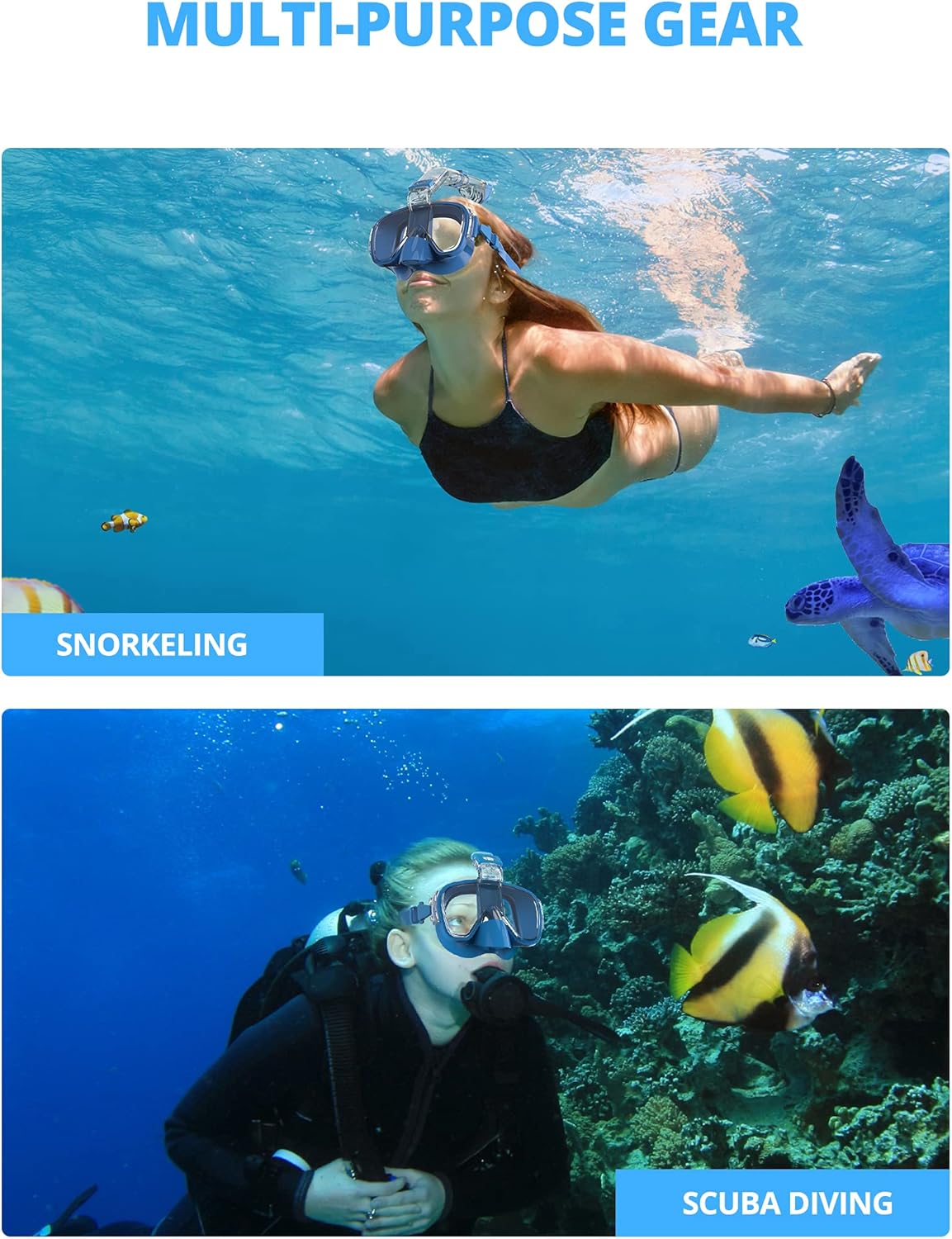 AKASO A1 Snorkel Mask Broad View Scuba Mask Anti-Fog Anti-Leak with Camera Mount Diving Mask Snorkeling Mask, Snorkeling Gear for Adults (Light Blue) : Sports & Outdoors