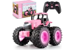 BAYSING Remote Control Monster Tractor Toy for 3, 4, 5, 6, 7 years old, Pink Light Up Monster Trucks Toy with LED Lights Toddlers RC Farm Vehicle Toys for Boys ＆ Girls Ideal Christmas, Birthday Gifts for Kids