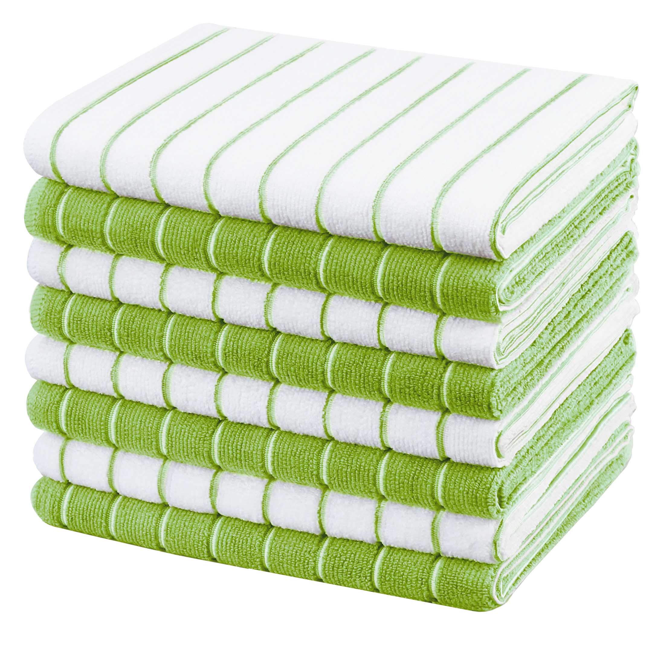 gryeer Microfibre Tea Towels - Pack of 8 (Stripe Designed Green and White Colours) - Soft, Super Absorbent and Lint Free Kitchen Towels, 45 x 65 cm