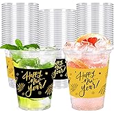 Whaline 100 Pcs 12 Oz Happy New Year Disposable Cup Black Gold Plastic Party Cup Clear Glasses for New Year's Eve Christmas Holiday Coffee Juice Drink Party Supplies