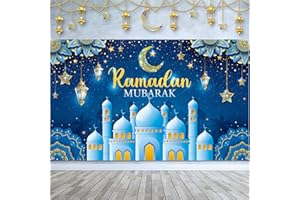 Boyiee Ramadan Mubarak Decorations Backdrop Banner Muslim Ramadan Kareem Background Eid Mubarak Sign Photo Booth Backdrop Background for Home Muslim Eid Al Fitr Party Supplies(Blue)