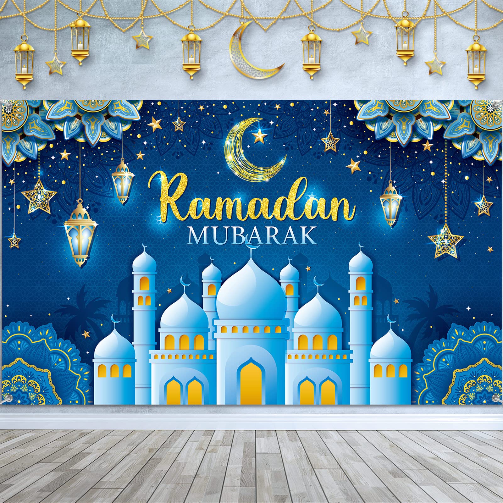 Boyiee Ramadan Mubarak Decorations Backdrop Banner Muslim Ramadan Kareem Background Eid Mubarak Sign Photo Booth Backdrop Background for Home Muslim Eid Al Fitr Party Supplies(Blue)