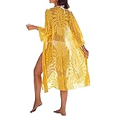 Blooming Jelly Womens Kimono Mesh Swimsuit Coverup Lace Embroidered Long Beach Cover Ups 3/4 Sleeve Tie Front Summer Cardigan