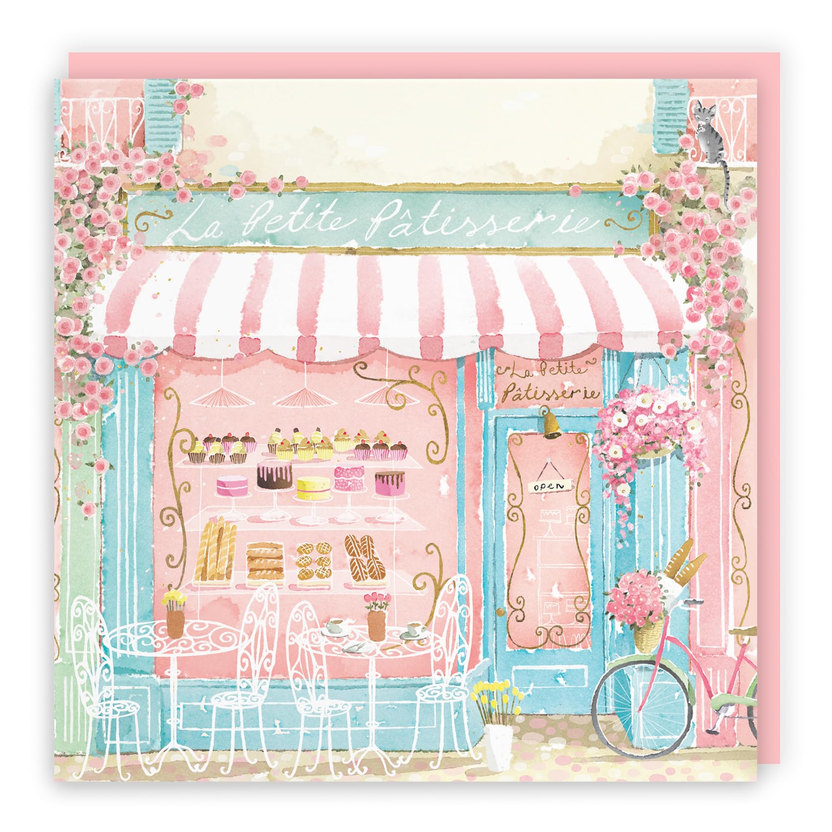 Hunts England - La Petite Patisserie Blank Any Occasion Card For Her - Charming Pink Bakery, Pretty French Cafe Floral Design - For Celebrations, All Occasions - For Women, Girls - Milo's Gallery