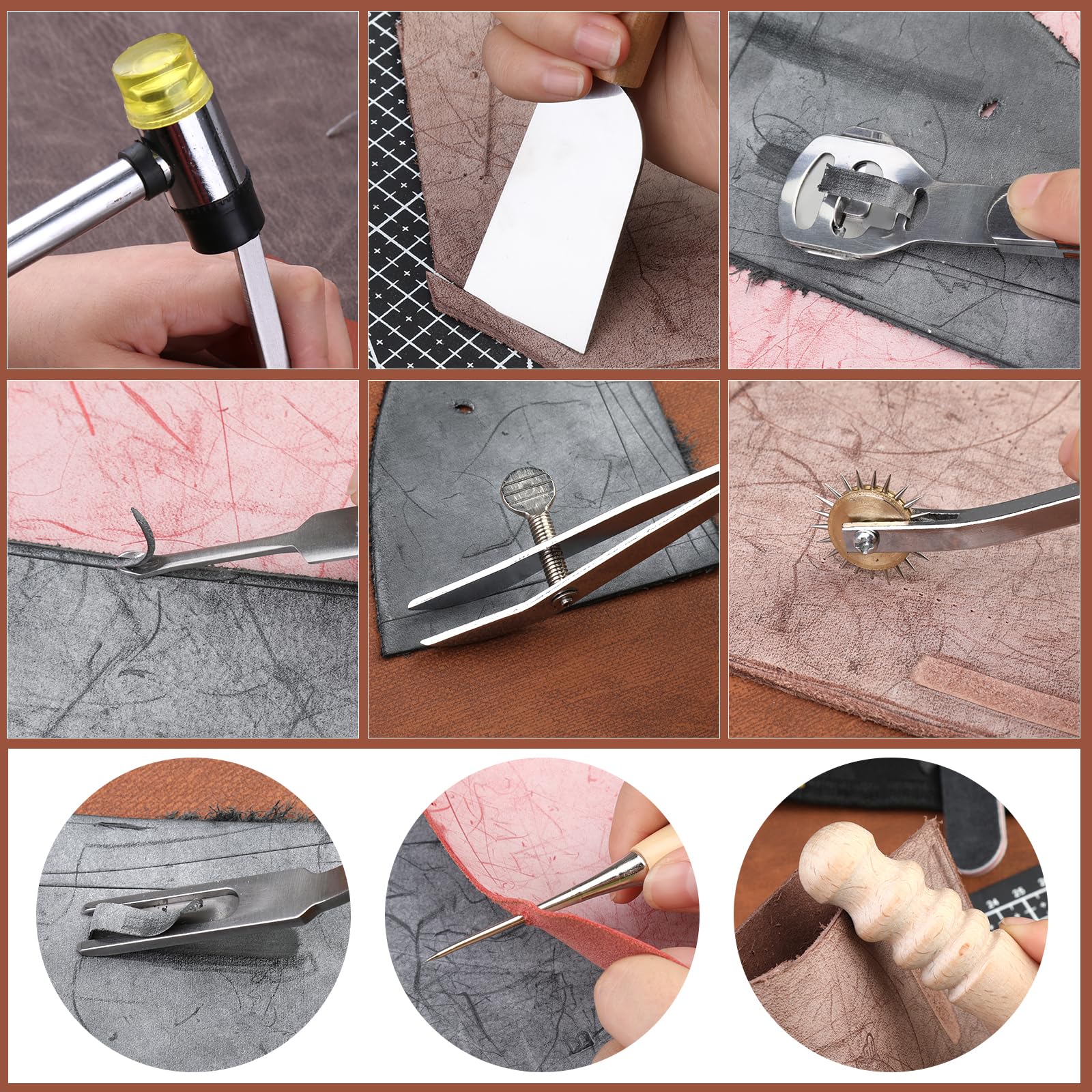 Leather Crafting Tools Leather Working Kit Tool Kit Working Tool Kit with Prong Punch, Hammer, Stitching Groover, Leathers Skiver for Leathers Making Projects