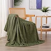Linecooo Olive Green Fleece Throw Blanket 50”×60” for Couch Sofa Bed,Super Soft Cozy Plush Microfiber Flannel Blanket with Stripes Design Lightweight for Adults,Woman,Girls
