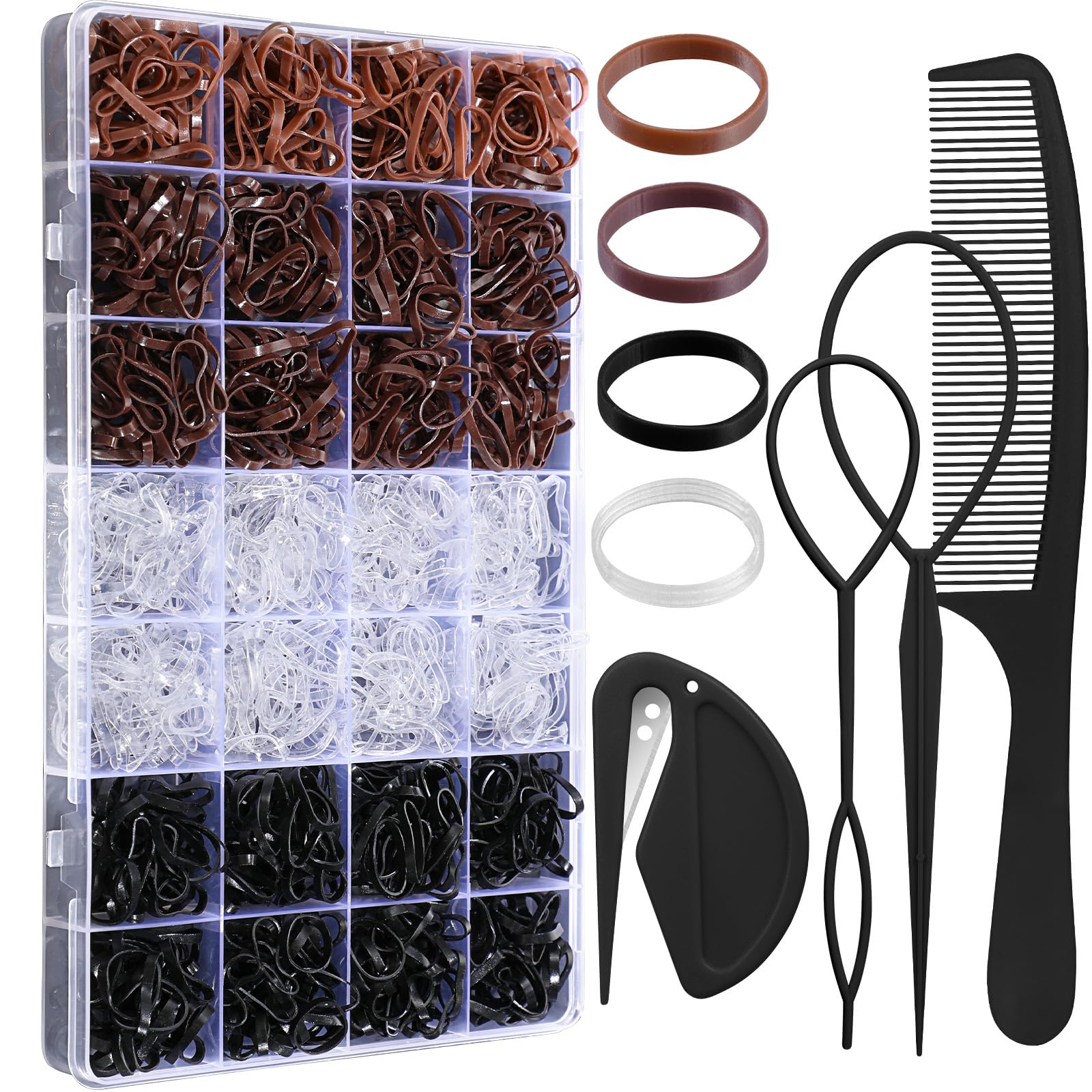1500 Pcs Elastic Hair Bands Black Brown Clear Hair Elastic Bands Small Hair Bands with Tail Hair Tool Hair Comb and Hair Elastics Cutter, Mini Rubber Hair Ties for Baby Girls Women