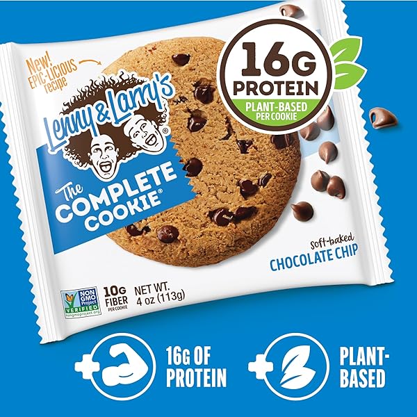 LENNY & LARRY’S THE COMPLETE COOKIE, CHOCOLATE CHIP, SOFT BAKED, 16G PLANT PROTEIN, VEGAN, NON-GMO, 4 OUNCE COOKIE (PACK OF 12)