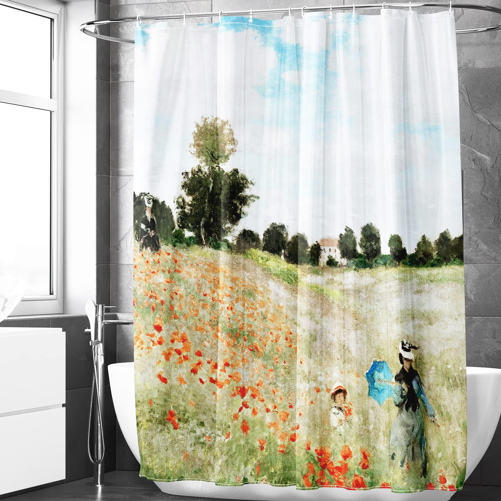 Berkin Arts Bathroom Shower Curtain Set 70x70 Inch Waterproof Polyester with Hooks Modern Romantic French Impressionism (Poppy Field by Claude Monet)