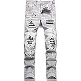 GHYYHG Men's Ripped Patch Elastic Jeans Fashion Slim Fit Regular Denim Pants