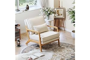 MALOL Mid-Century Accent Chair with Solid Wood Frame, Reading Relaxing Armchair Lumbar Pillow& Soft Cushion, Leisure Chair for Living Room, Bedroom, Waiting Room-Beige