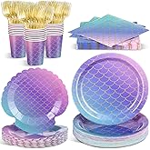 Blushtier 120 Pcs Mermaid Party Supplies Mermaids Themed Decorations Under the Sea Disposable Dinnerware Set Includes Plates Napkins Cups Fork for Birthday Party, Serves 24 Guests