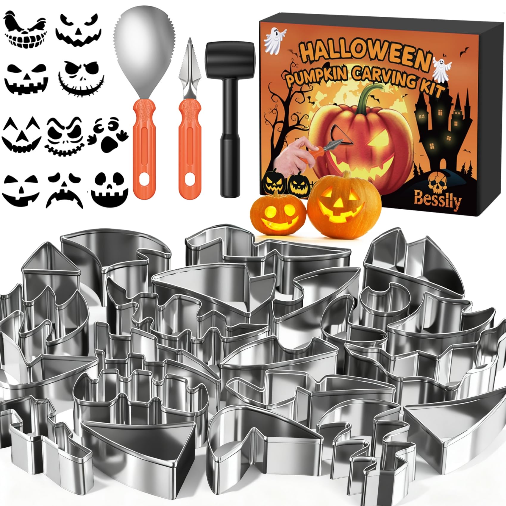 Photo 1 of 33PCS Halloween Pumpkin Carving Kit, 20 PCS Stainless Steel Professional Pumpkin Carving Stencils, 3 Durable Pumpkins Carving Tools, 10 Stickers for Kids Adults Halloween Decorations Safe Easy Fun