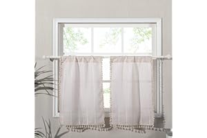 RoomTalks Boho Kitchen Curtains 36 Inch Length French Striped Farmhouse Vintage Chic Textured Tassel Short Cafe Curtains for Small Window Kitchen Bathroom Bohemian Decor (36’’L x 24’’W, Beige)