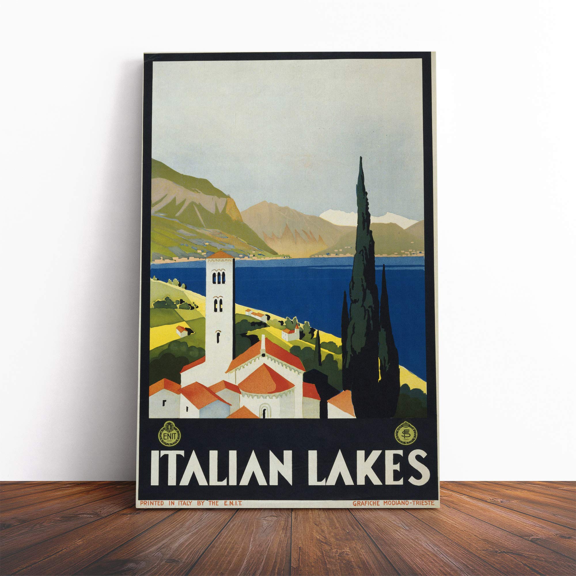 Travel Poster Italian Lakes Canvas Print | Gallery Wrapped 30mm Frame Wall Art | 20x14 inches | Ready to Hang | Retro Picture | Living Room Bedroom Lounge Office