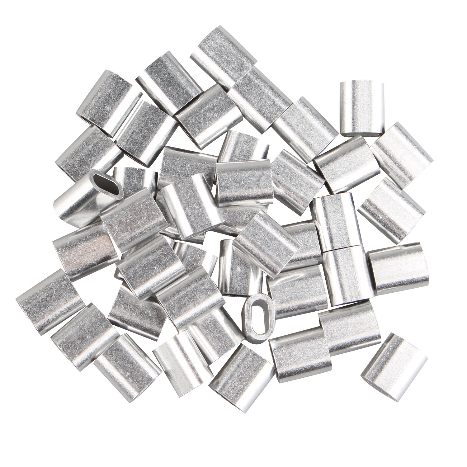 Futheda 50 pcs Aluminum Crimping Loop Sleeve Clips Oval Shaped for 4.0mm Cable Wire Rope Silver Tone