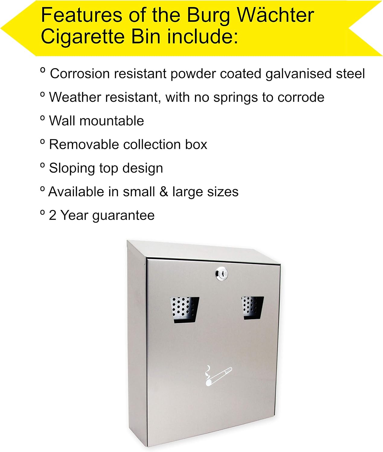 Sterling CIG2ST Wall Mounted Stainless Steel Cigarette Bin, 255 x 320 x 75 mm - Image 3