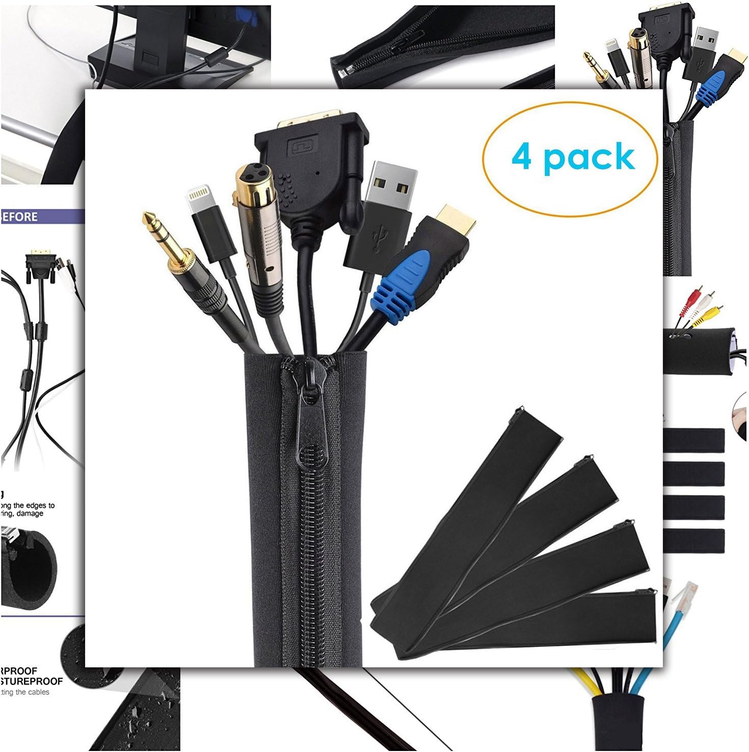Cable Management Sleeves with Zipper, Wire Cover, 4 Pack, 20", Neoprene Cable