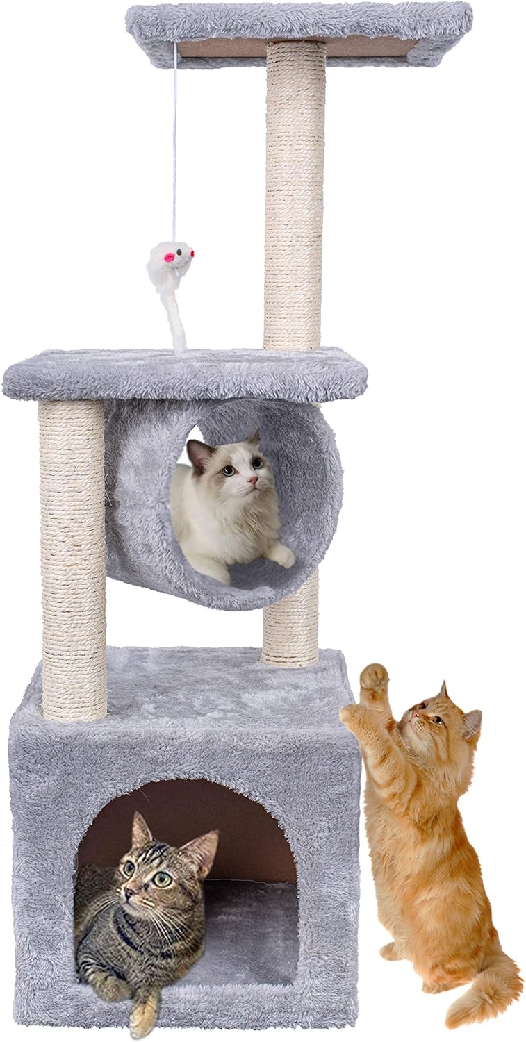 Cat Tree, 95cm Cat Scratch Posts 4 Tier Stable Climbing Tower Activity Trees, Beige