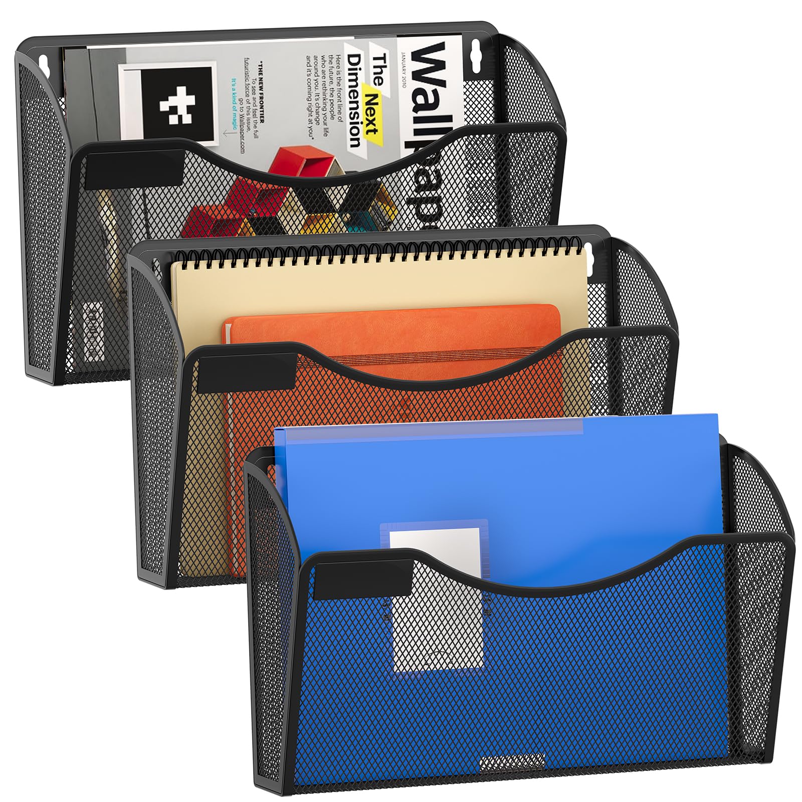 EasyPAG 3 Pocket Landscape A4 Mesh Hanging Wall Mounted File Holder Mail Organiser Magazine Storage with Label Plate,Pack of 3,Black