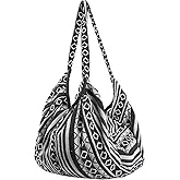 Tribe Azure Jacquard Cotton Shoulder Banana Style Fashion Travel Canvas Tote Bag Hobo Style Casual Market Purse Handbag (Black White)