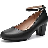 Peijely Women's Ankle Strap Pumps, Block Heel, Removable Bow, Closed Round Toe