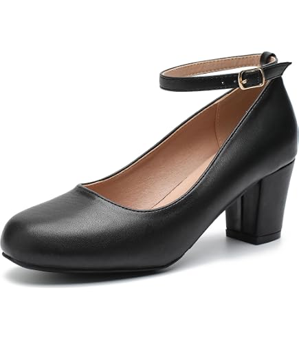 ladies dress shoes near me Women's Low Block Chunky Heels Ankle Strap Pumps Closed Round Toe Wedding Office Work Church Black Matte 36-5.5US slip outsole with TRIPGUARD maternity dress for Organic Cotton Tennis Dress Size:S-USA QUICK SHIP