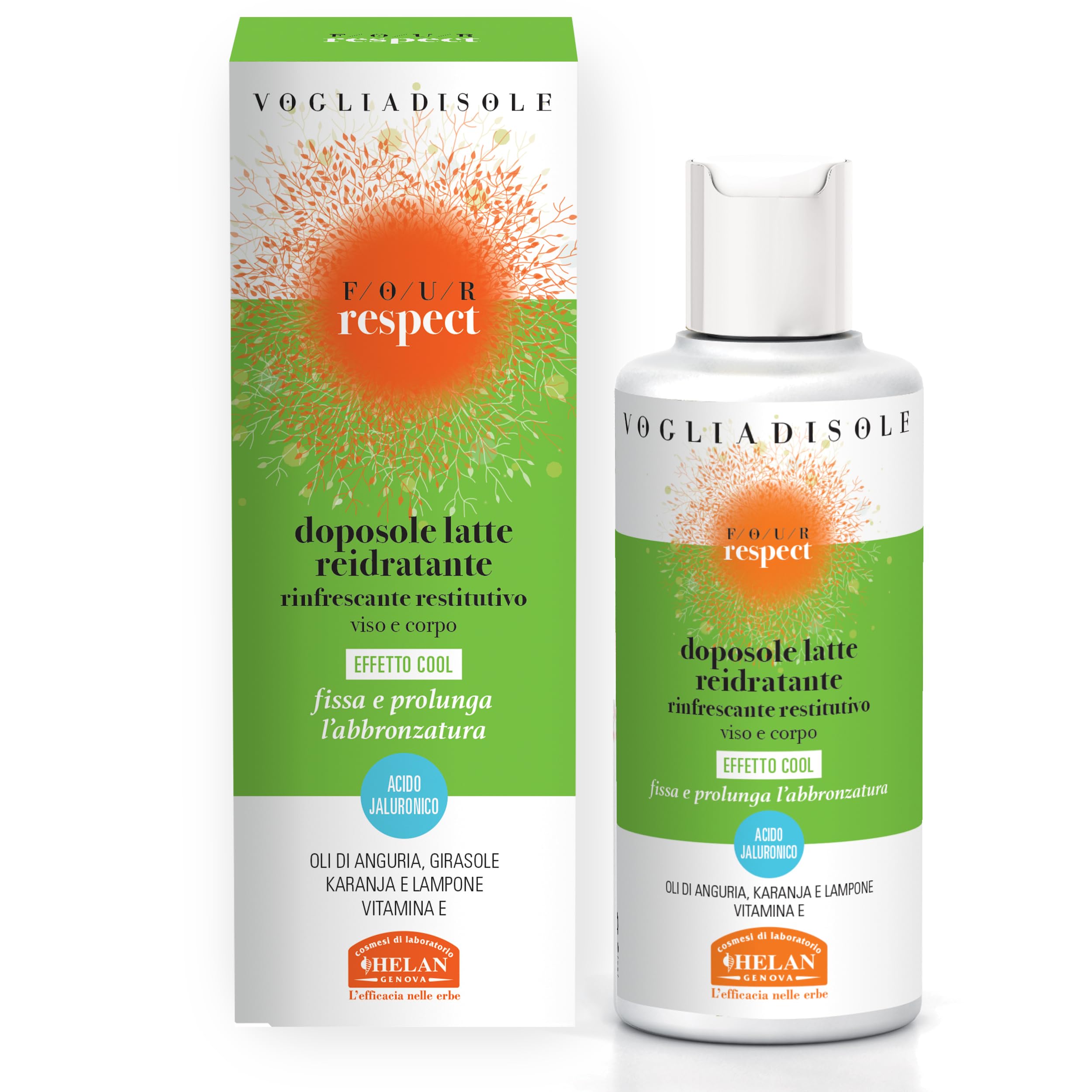 Helan Vogliadisole Respect - Moisturising After Sun Lotion, Restoring and Soothing, Refreshing Aftersun Milk for Face and Body with Hyaluronic Acid, Vitamin E & Raspberry - Made in Italy, 200 ml