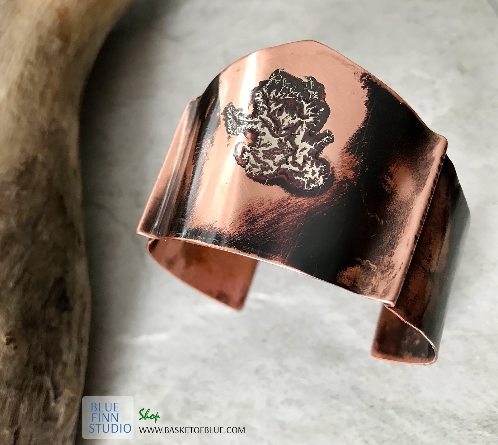Rustic Copper Cuff Bracelet Hammered Texture Sterling Silver Torch Flamed