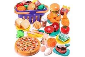 RISUNTOY Cutting Play Food Toy for Kids Kitchen Set,Pretend Cooking Fruits&Vegetables&Pizza Fast Food Accessories with Storage Basket,Fake Food for Toddler Boy Girl,Educational Gift for Aged 2 3 4 5 6