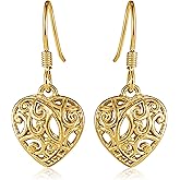 Filigree Heart Dangle Earrings - 14K Yellow Gold Plated 925 Sterling Silver Open Heart Drop Earrings - Openwork Dangling Earring Jewelry Birthday Valentines Day Gifts for Women