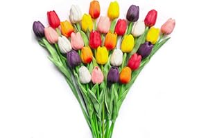 Subacy 30 PCS Artificial Tulips Real Touch Tulips 35cm/13.5inch Long Stem Fake Flowers Silk Flowers for Spring Easter Mother'