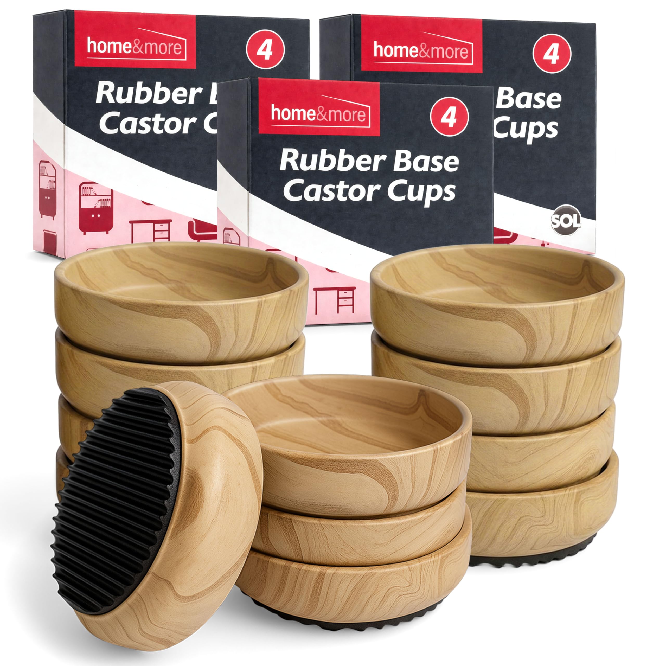 SOL 12pk Rubber Base Castor Cups Furniture Carpet Sofa Leg Floor Protectors Chairs Tables Beds Wheels Non Slip Stability Heavy Support Scratch Prevention Home Office Hardwood Laminate Tiles