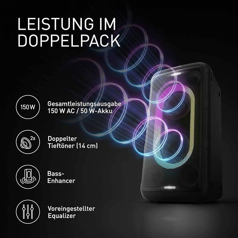 SC-BMAX10E-K Tragbarer Party-Lautsprecher mit Bluetooth, integrierter Beleuchtung, 150 W, USB, optischem Eingang für TV, Gitarren- & Mikrofoneingängen für Karaoke, Schwarz