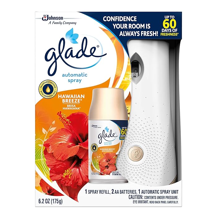 Glade Automatic Spray Holder and Hawaiian Breeze Refill Starter Kit, Battery-Operated Holder for Automatic Spray Refill, Up to 60 days of Freshness, 1 Set