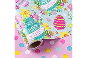 LeZakaa Reversible Easter Wrapping Paper Roll, Happy Easter Egg with Flowers in Light Blue-Green & Corlorful Dots in Pink, for Spring Gift Wrap, DIY Crafts, Mini Roll, 17 inches x 32.8 Feet