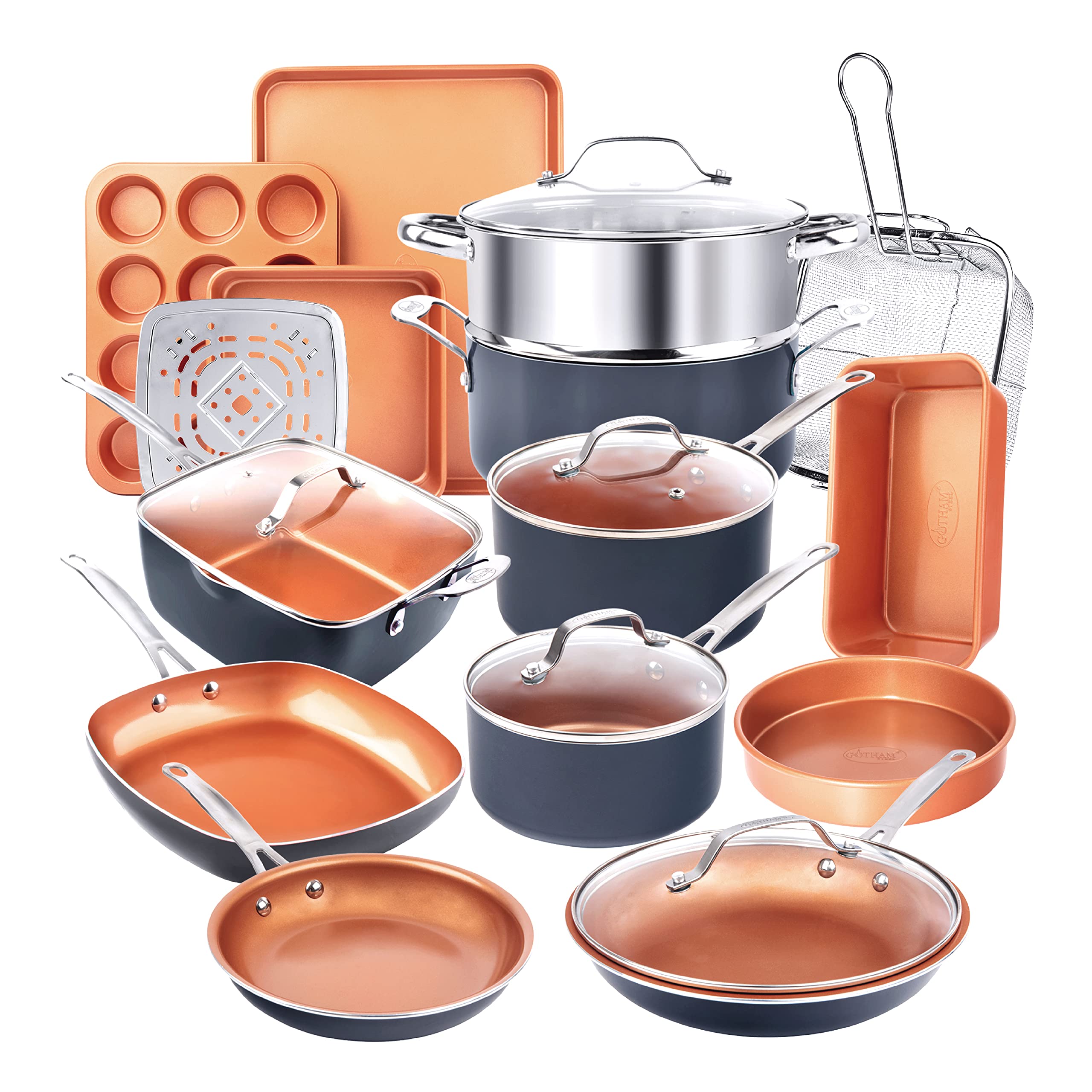 Photo 1 of **PARTIAL SET/ MISSING PIECES** Gotham Steel True 20 Pc Ceramic Cookware Set Nonstick, Ceramic Pots and Pans Set Non Stick with Deep Square Pan Set & Bakeware Set, Non Toxic PFOA PFOS Free, Oven & Dishwasher Safe, No Cheater Pieces