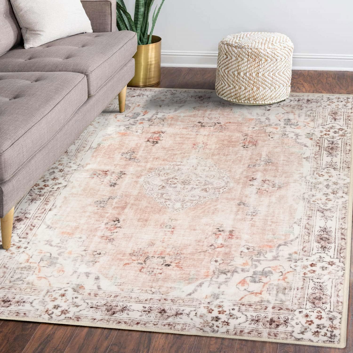 Rugs, Pads & Protectors - MUJOO 5'x7' Area Rugs Pink Machine Washable Boho Rug for Bedroom,Living Room, Laundry Room Kitchen Non Slip Carpet Abstract Soft Low-Pile Floral