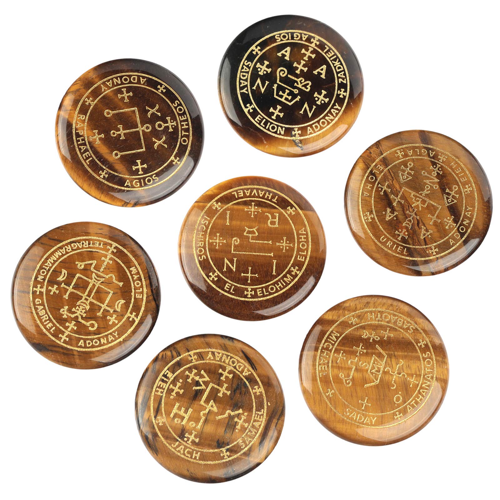 mookaitedecor 7 Piece Stones with Engraved Magic Archangel Symbol Polished Palm Stone for Reiki Crystal Healing, 1.1 x 1.1 x 0.2 inches, Tiger's Eye