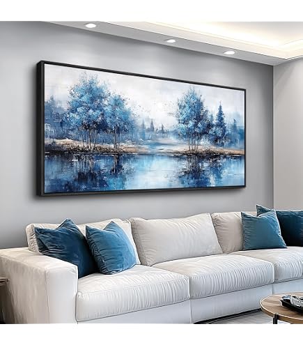 ZUITINGHUA Framed Canvas Wall Art - Blue Tree Landscape Black & White Painting, 30x60 Inch, Stretched On Wood Frame, Ready To Hang For Living Room, Bedroom, Office