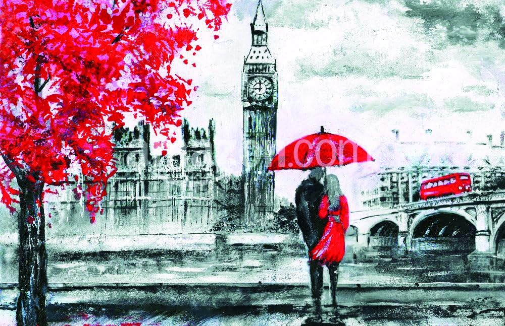 The Shutterstock Collection Oil Painting on Canvas, Street View of London, River and Bus on Bridge. Artwork. Big Ben. Man and Woman Under a red Umbrella Poster Print, 17" x 11"