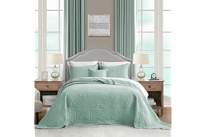 DaisyHuang Oversized Bedspread - Queen Size Bedding Cover - Modern & Contemporary Coverlet Set, Real Stitching, Reversible, Lightweight, 5 Piece, Seaglass