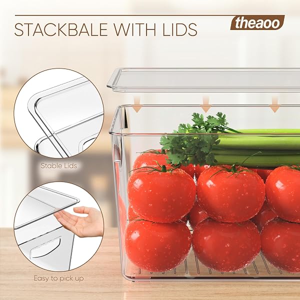THEAOO CLEAR STORAGE BINS WITH LIDS STACKABLE – LARGE PLASTIC CONTAINERS FOR PANTRY ORGANIZATION AND STORAGE – PERFECT FOR KITCHEN,FRIDGE,LAUNDRY ROOM,BATHROOM,GARAGE,CLOSET,CABINET ORGANIZER – 8 PACK