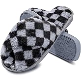 Jieertop Women's Fuzzy Checkered Slippers, Fluffy Cross Band Open Toe Non-Slip Rubber Sole House Bedroom Shoes