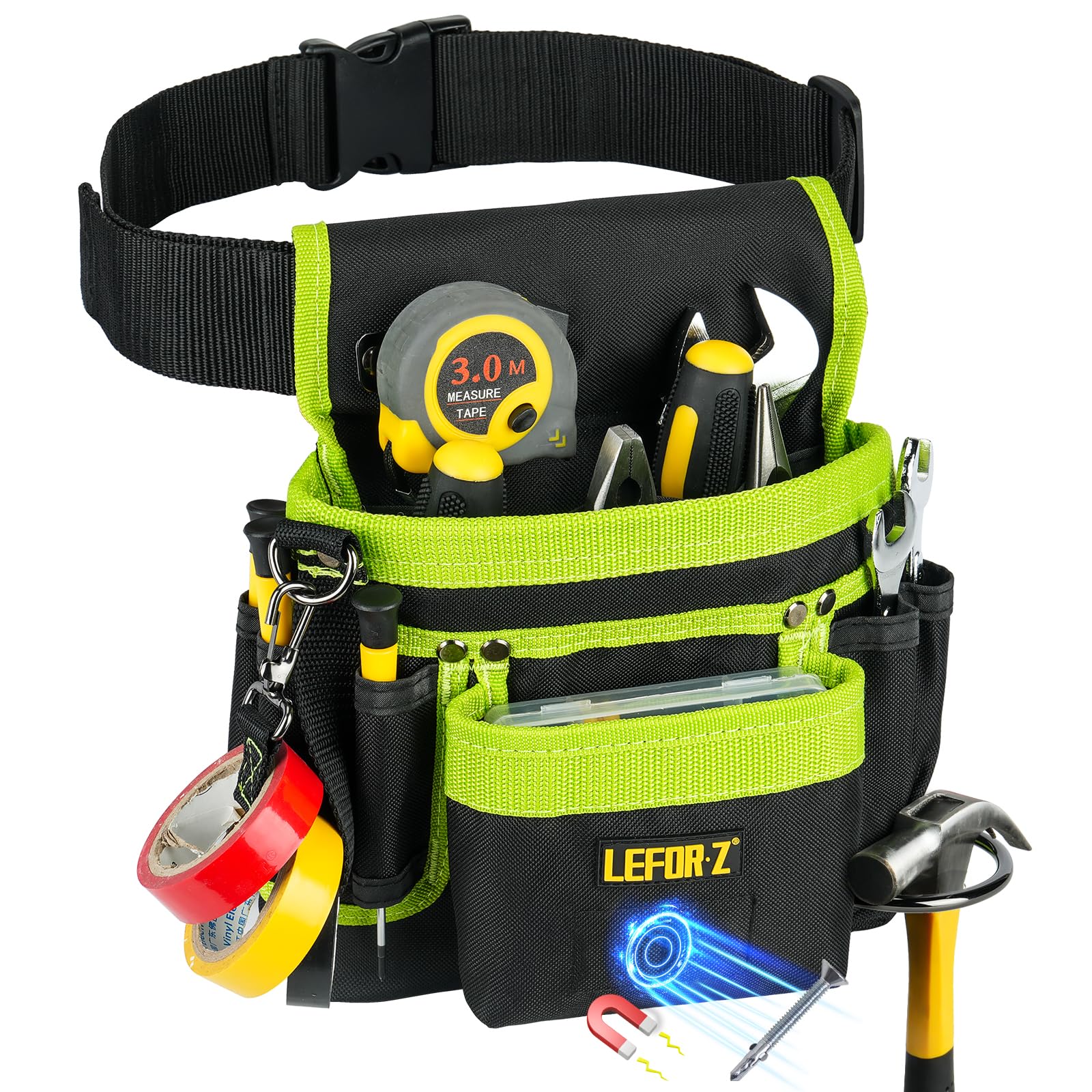 Tool Belt,Magnetic Tool Pouch,14-Pockets Tool Belts for Men,Detachable Adjustable Tool Pouch Belt for Electrician,Carpenter,Construction,Work Apron,Utility Belt,Black-Green