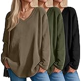 Velvelhall 3 Pack Women's Oversized Waffle Knit Shirts, V Neck Long Sleeve Top Fall Casual Sweatshirt for Women