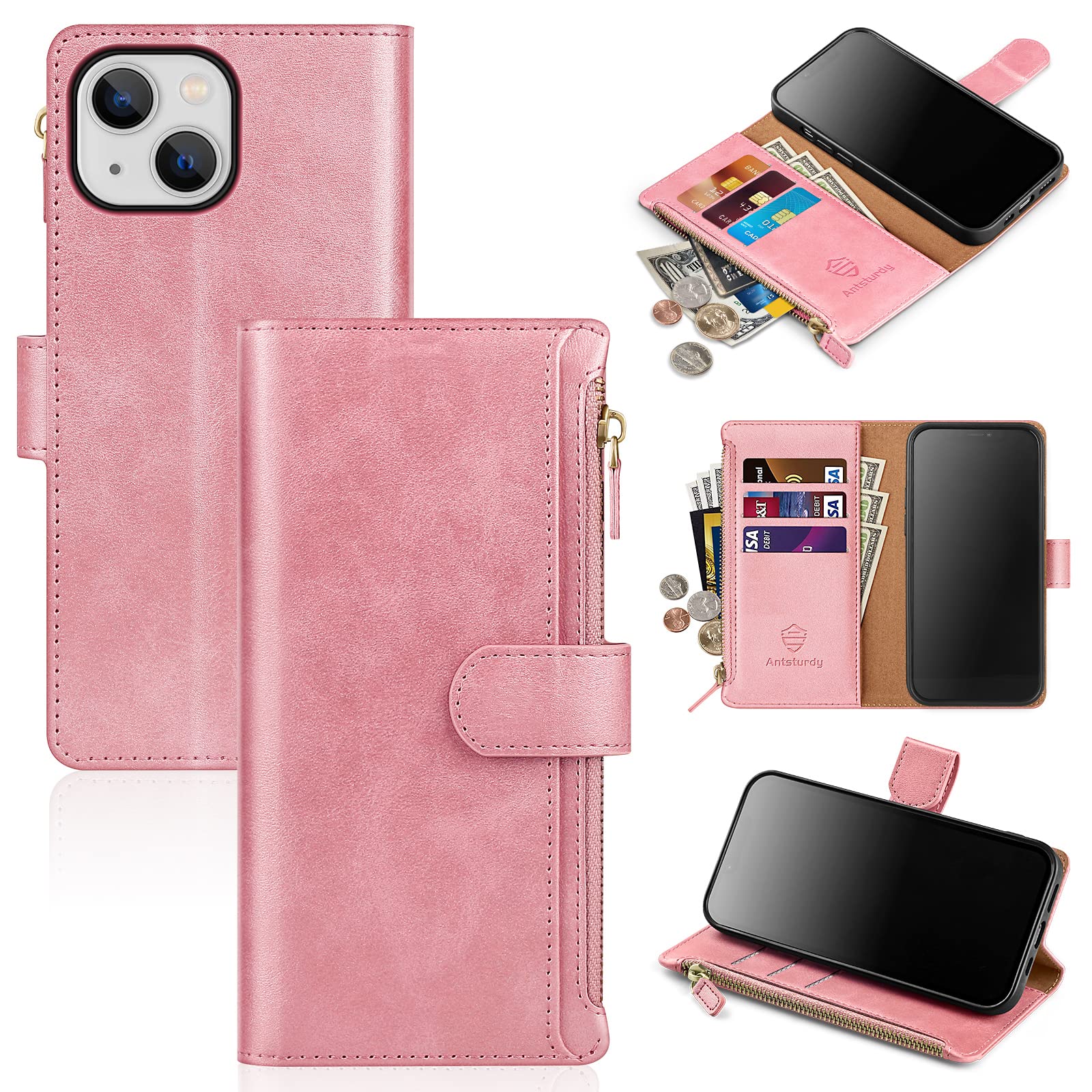 Antsturdy Compatible with iPhone 14 6.1" Wallet Case[RFID Blocking][Zipper Poket]PU Leather Flip Folio Book Protective Cover with Slots Magnetic Clasp Credit Card Holder Kickstand Men Women(Rose Gold)