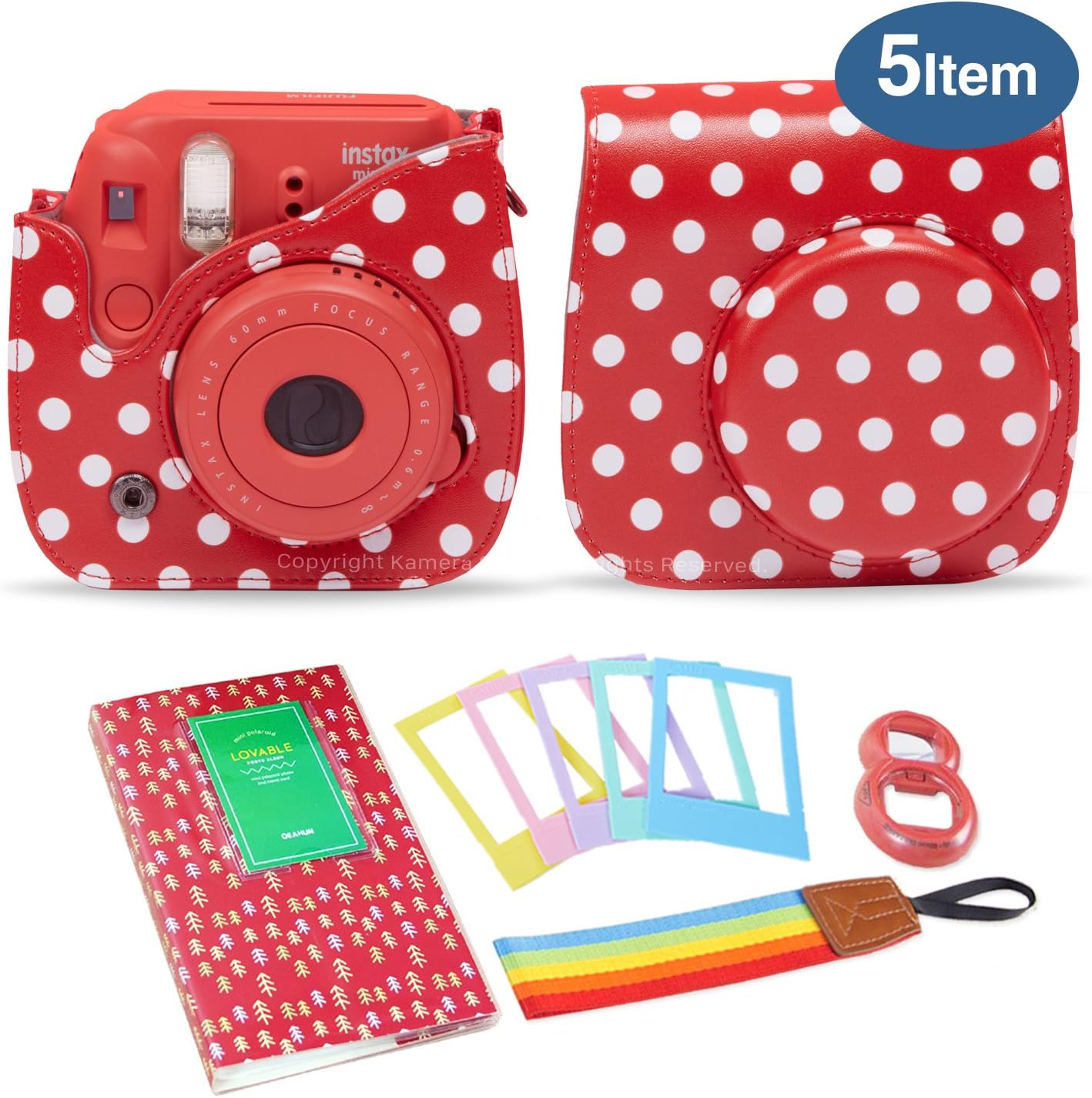 Kamera 5 in 1 Fujifilm Instax Mini 8 9 Accessory Bundle Gift Pack, Red Dots instax Mini 8 Camera Case with Shoulder Camera Strap and More