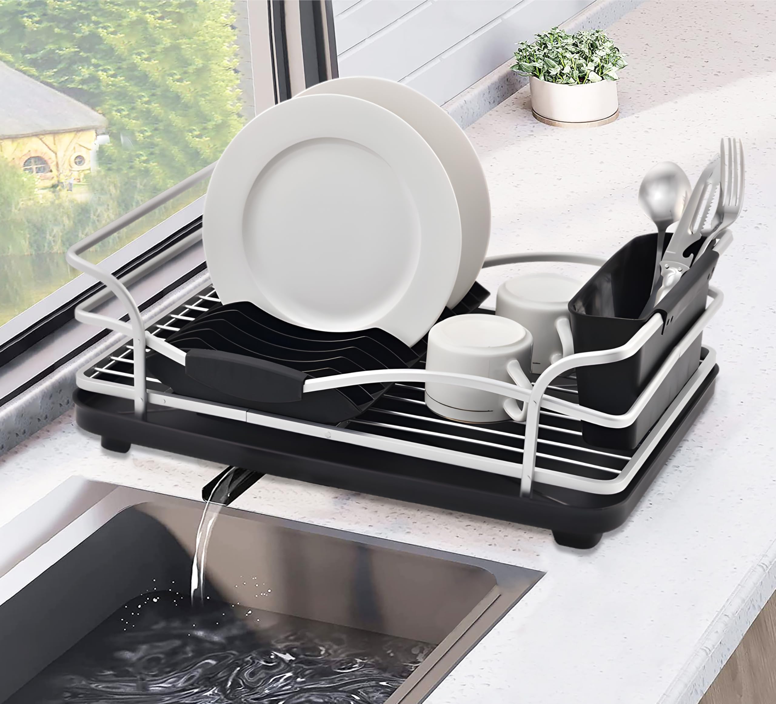FurnitureXtra Rust-Proof Dish Drying Rack with Cutlery Holder & Drip Tray – Aluminum Kitchen Sink Drainer, Space-Saving Plate Drying Rack for Small Kitchens